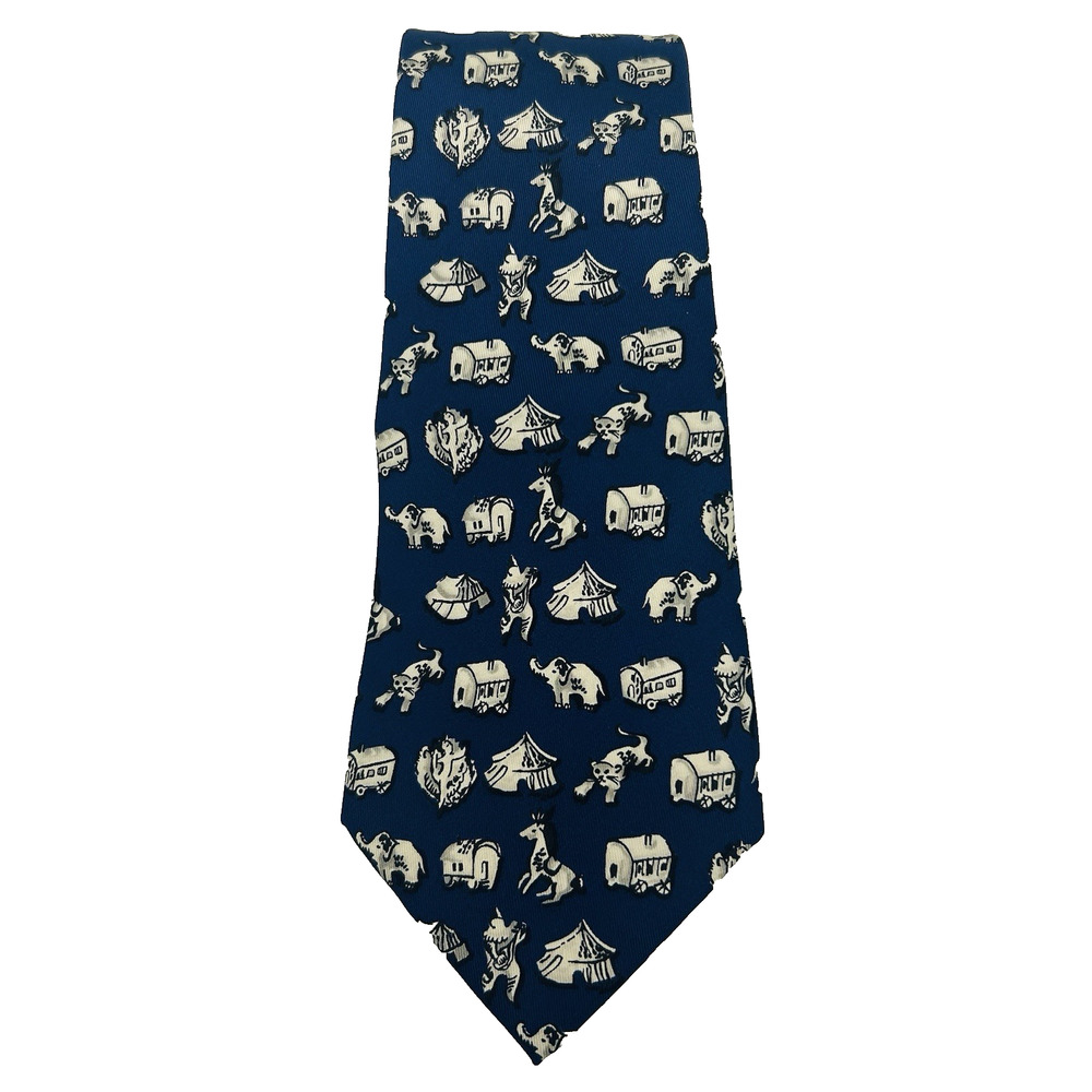 Salvatore Ferragamo Blue Silk Tie Circus Novelty Theme Designer Italy